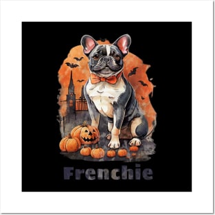 French bulldog, witch hat and Spider web, scary Halloween, jack pumpkin, spooky Posters and Art